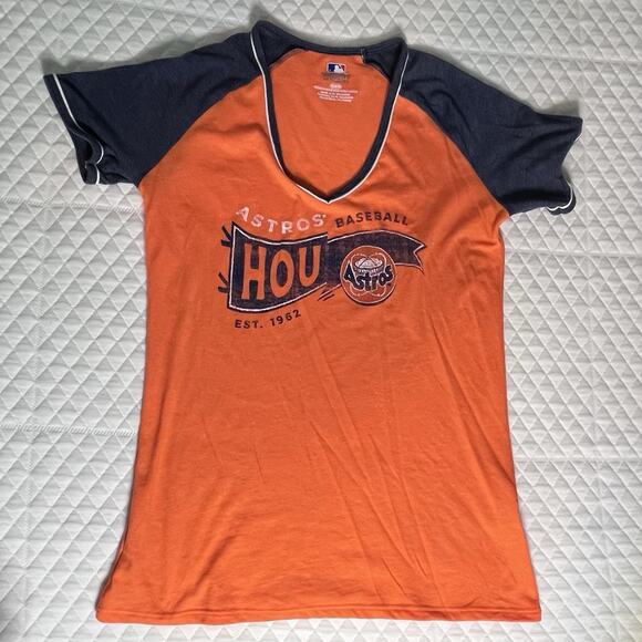 Houston Astros Baseball women’s S/S T-shirt Size M Orange Blue V Neck - Picture 1 of 5